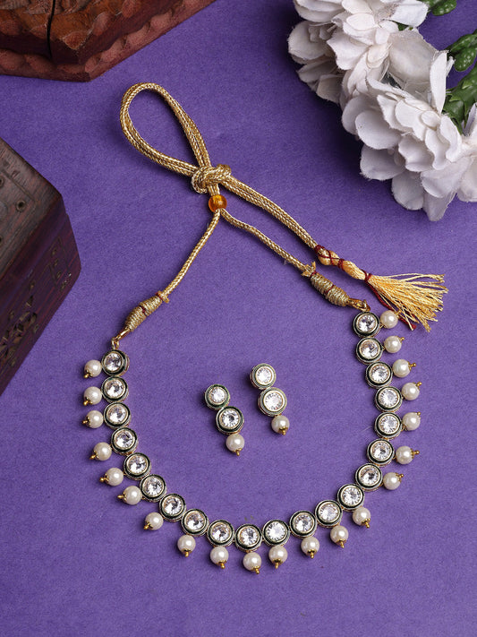 NVR Women Gold-Polished Round Shape Kundan Studded Short Jewellery Set