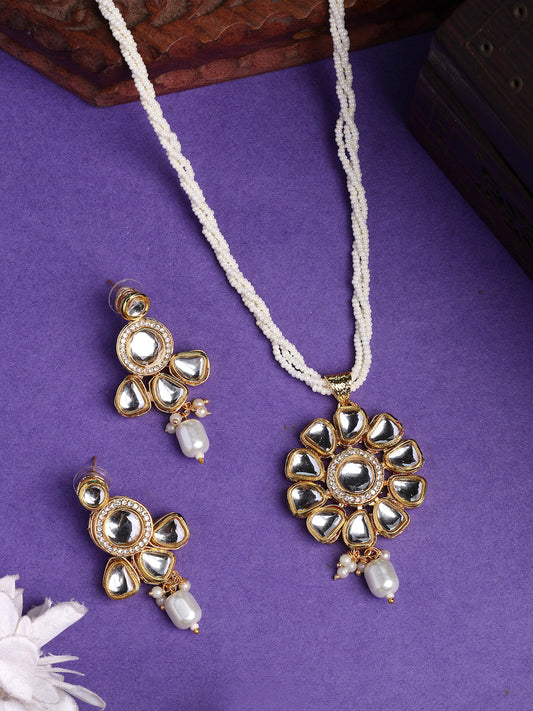 NVR Women Gold-Polished Kundan Studded & Pearls Long Jewellery Set | Grab2Buy