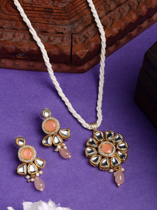 NVR Women Peach Stones with Kundan Studded Long Jewellery Set | Grab2Buy