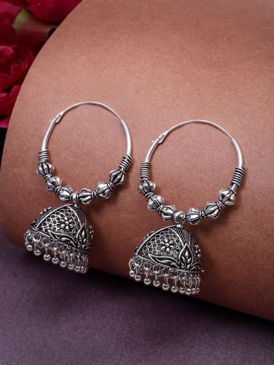 NVR Women's Silver Plated Oxidized Contemporary Jhumka Earrings - Swadesiicart