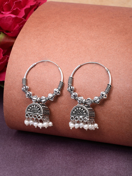 NVR Women Oxidized Silver Plated White Artificial Beads Jhumka Earrings