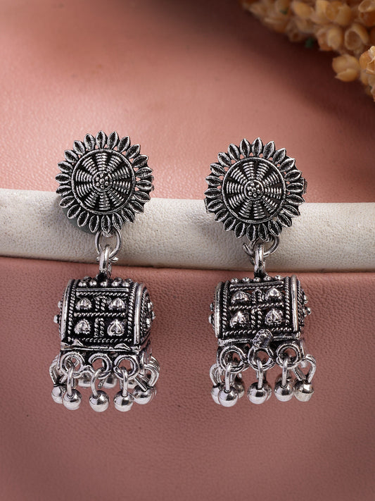 NVR Women Silver-Plated Oxidized Contemporary Jhumkas Earrings - Swadesiicart