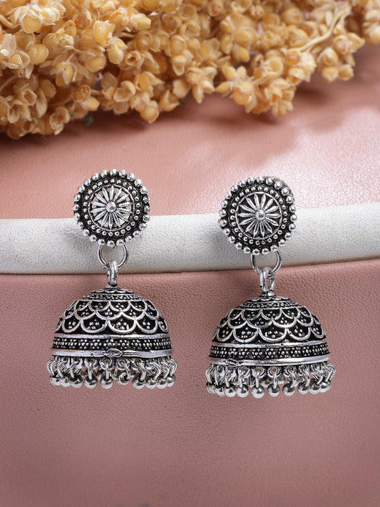 NVR Women Silver Plated Round Shape Oxidized Traditional Jhumka Earrings NR Retail-NVR