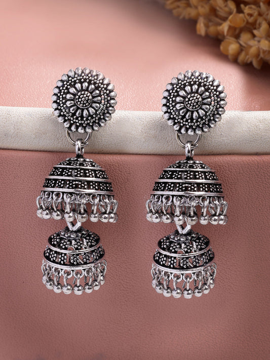 NVR Women Silver Plated Oxidized German Silver Jhumka Earrings NR Retail-NVR