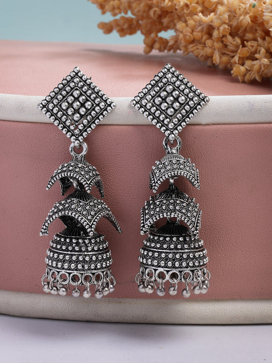 NVR Women's Traditional Oxidized Silver Plated Jhumka Earrings NR Retail-NVR