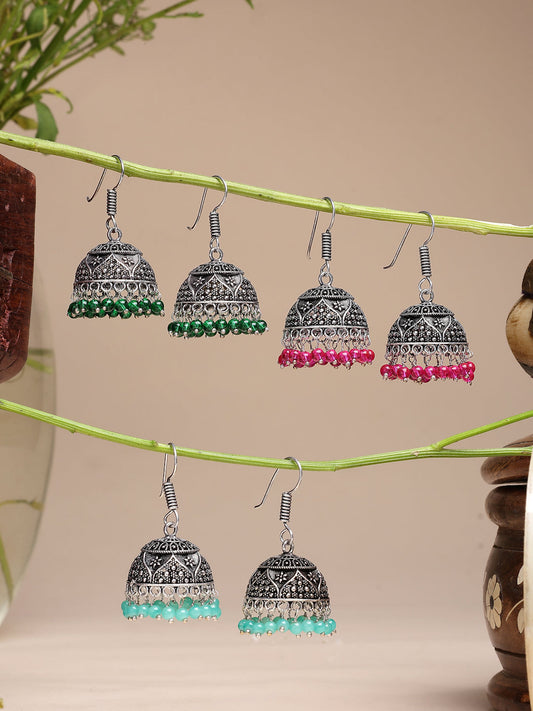 NVR Women Pair of 3 Oxidized Silver Plated Multicolor Artificial Beads Jhumka Earrings | Grab2Buy