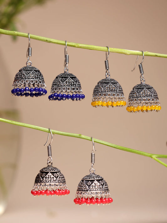 NVR Women's Pair of 3 Oxidized Silver Plated Multicolor Artificial Beads Jhumka Earrings - Swadesiicart