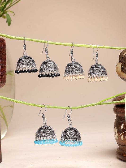 NVR Women Pair of 3 Multicolor Artificial Beads Oxidized Silver Plated Jhumka Earrings NR Retail-NVR