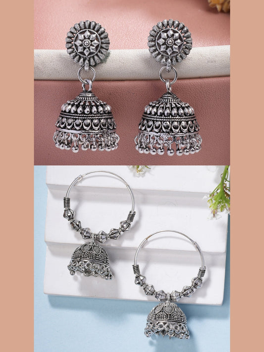 NVR Women Set of 2 Silver Plated Traditional Oxidized Jhumka Earrings NR Retail-NVR