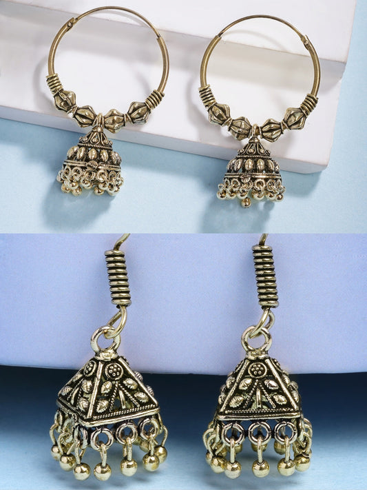 NVR Women's Set of 2 Traditional Gold-Polished Oxidized Jhumka Earrings NR Retail-NVR