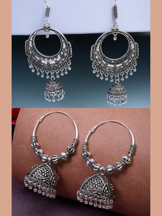 NVR Women's Set of 2 Silver Plated Oxidized Contemporary Jhumka Earrings NR Retail-NVR