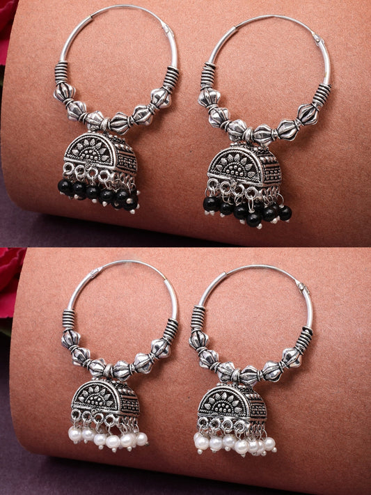 NVR Women Set of 2 Oxidized Silver Plated Artificial Beads Jhumka Earrings NR Retail-NVR