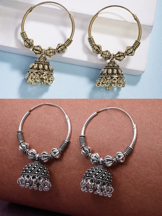 NVR Women's Traditional Set of 2 Oxidized Jhumka Earrings
