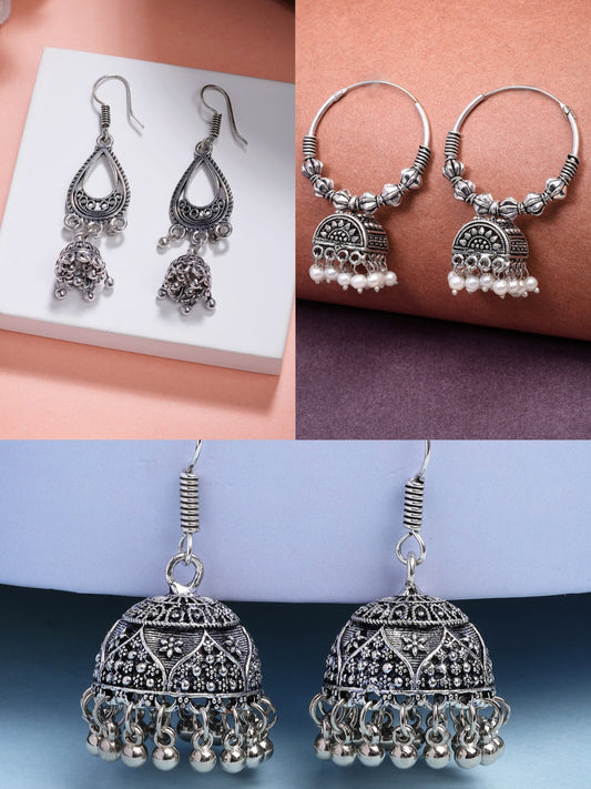 NVR Women Set of 3 German Silver Oxidized Traditional Jhumka Earrings NR Retail-NVR