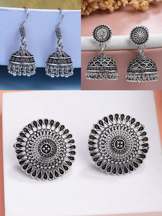 NVR Women Set of 3 Silver Plated Round Shape Oxidized Traditional Jhumka & Stud Earrings | Grab2Buy