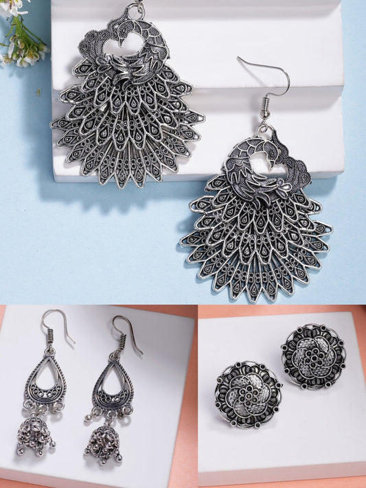 NVR Women's Set of 3 Silver Plated Oxidized Fashion Traditional Earrings NR Retail-NVR