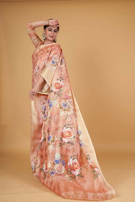 Orange Cotton Silk Digital Printed Saree With Unstitched Blouse Piece - Alisha