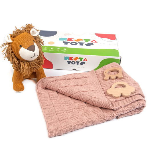 Nesta Toys Newborn Gift Set - Knitted Cotton Blanket, Lion Plush Toy, Elephant & Car Teether