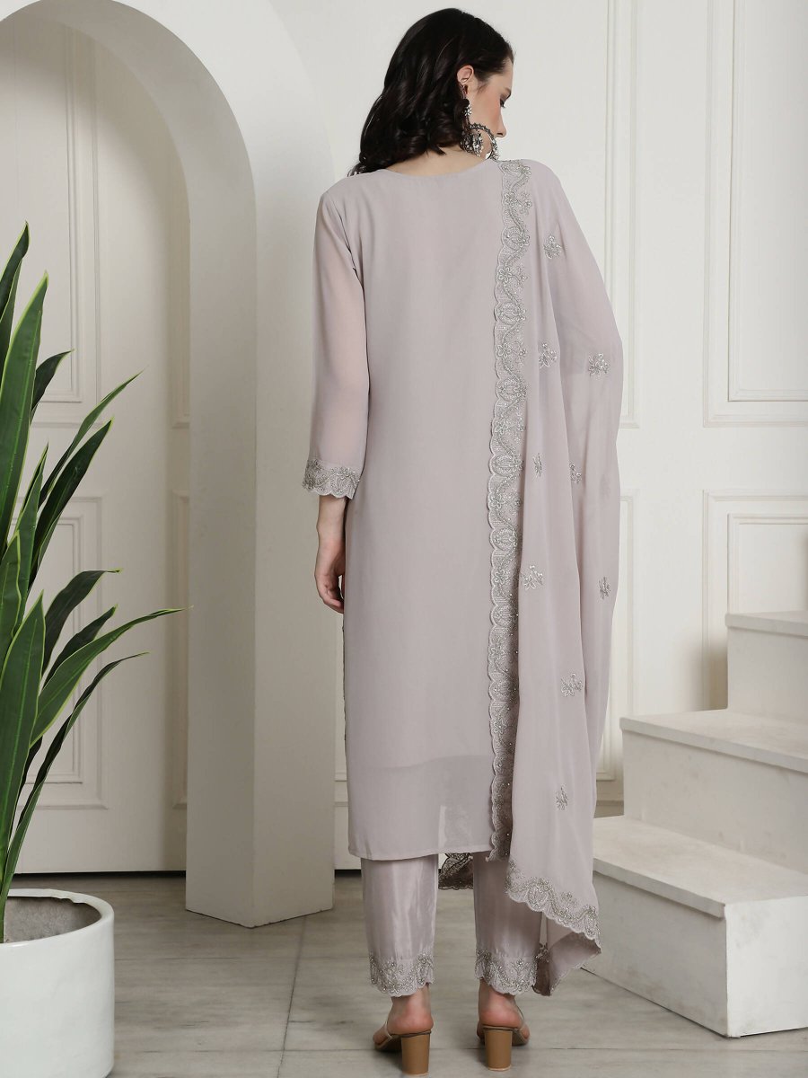 Aastha Fashion Women's Grey Georgette Floral Resham Thread with Cording & Crystal work Kurta with Trouser & Dupatta - Grab2buy