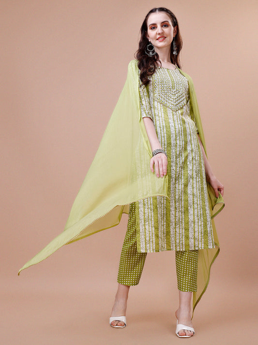 Mirror Embroidered & Striped Printed Cotton Kurta With Pant & Dupatta Set, Multicolor - Hiral Fashion