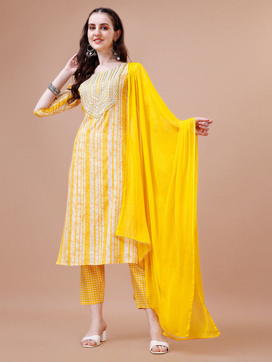Mirror Embroidered & Striped Printed Cotton Kurta With Pant & Dupatta Set, Multicolor - Hiral Fashion