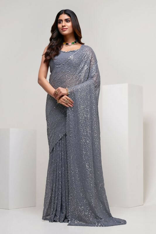 Aastha Fashion Women's Grey Thread & Multi Sequins Embroidery Work Georgette Saree with Blouse - Grab2buy