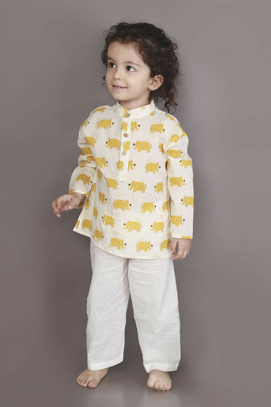 Breathables Kids Cotton Night Suit – Yellow Elephant Print Kurta & Pyjama Co-Ord Set For Boys & Girls