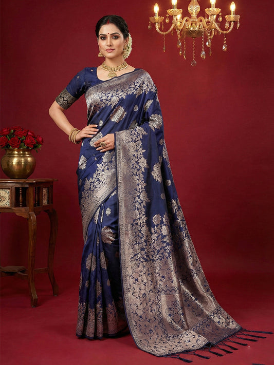 Anaita Navy Silk Blend Woven Saree With Blouse