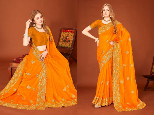 PR Fashion Mustard Fendi Two Tone Silk Heavy Zari Embroidery Work With Zircon Work Saree