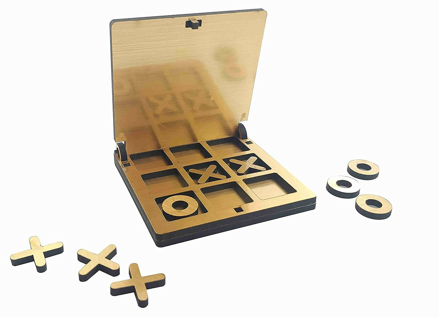 Kraftsman Wooden Tic Tac Toe Portable Game for Kids, Teens and Adults with Golden Mirror Shade Strategy & War Games Board Game - Grab2buy