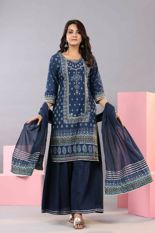 Juniper Women Indigo Cotton Cambric Printed Kurta, Palazzo and Dupatta Set
