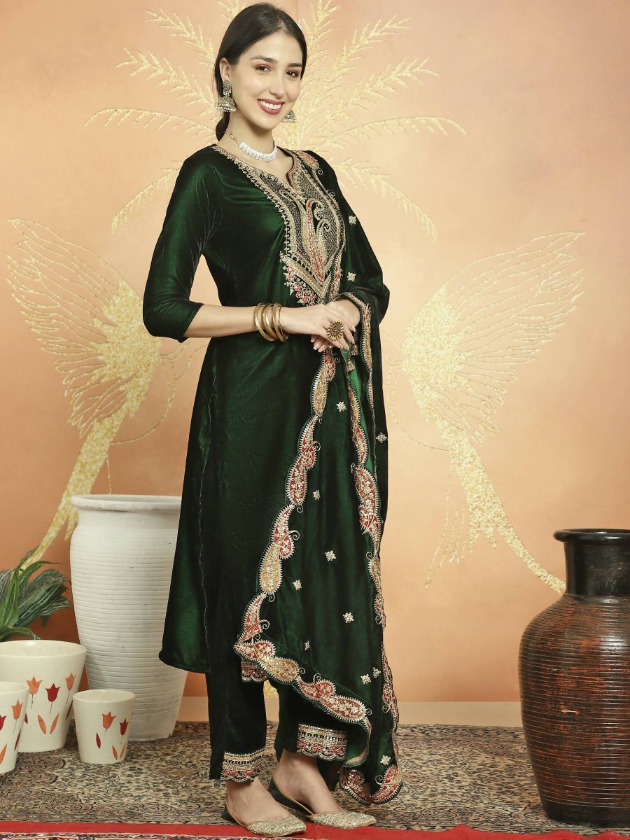 Aastha Fashion Women's Green Velvet Cording with Resham Thread & Sequin Kurta with Trouser & Dupatta - Grab2buy