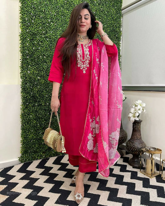 The52 Rani Women's Beautiful Viscose Chanderi Fabric Embroidered Work Straight Kurta Pant and Dupatta Set | Grab2Buy