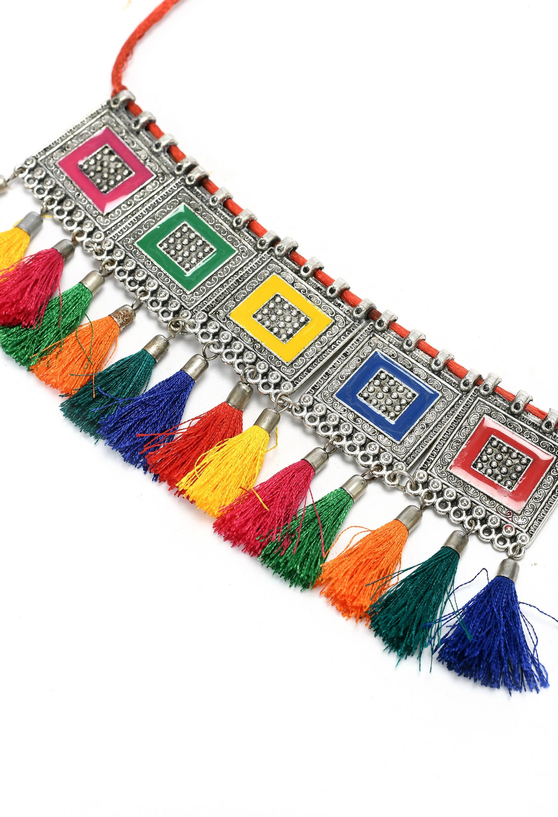 Mominos Fashion Johar Kamal Oxidised Silver-Plated Brass Finish Tassel Work Handicraft Choker For Women (Multi) - Grab2buy