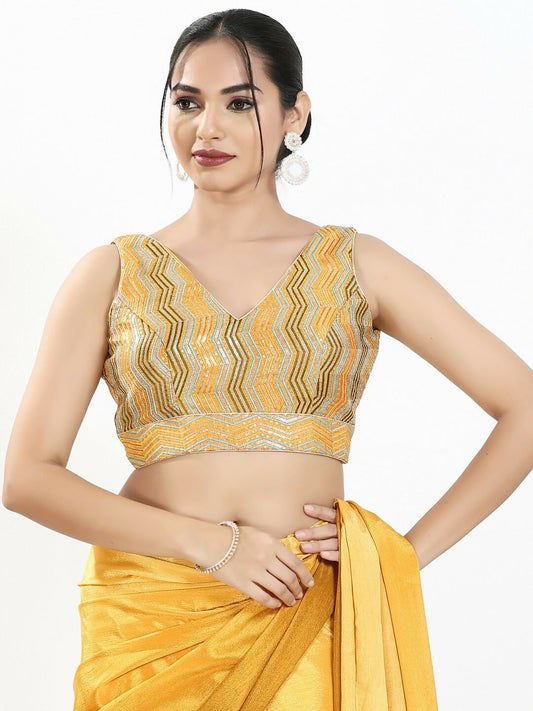 Joban Fashion Yellow Multi Silk Padded Blouse With V Neck Sleeveless