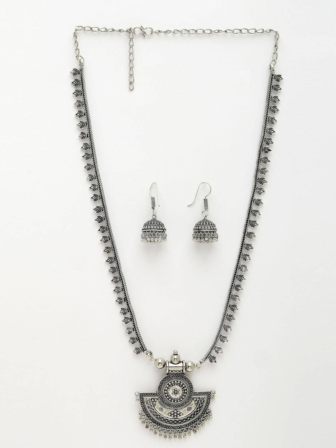 NVR Women's Silver-Toned German Silver Oxidised Necklace with Jhumka Earrings - Grab2buy