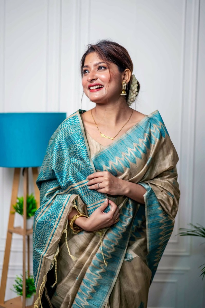 Aastha Fashion Teal Thread Woven Handloom Tussar Silk Saree with Blouse - Grab2buy