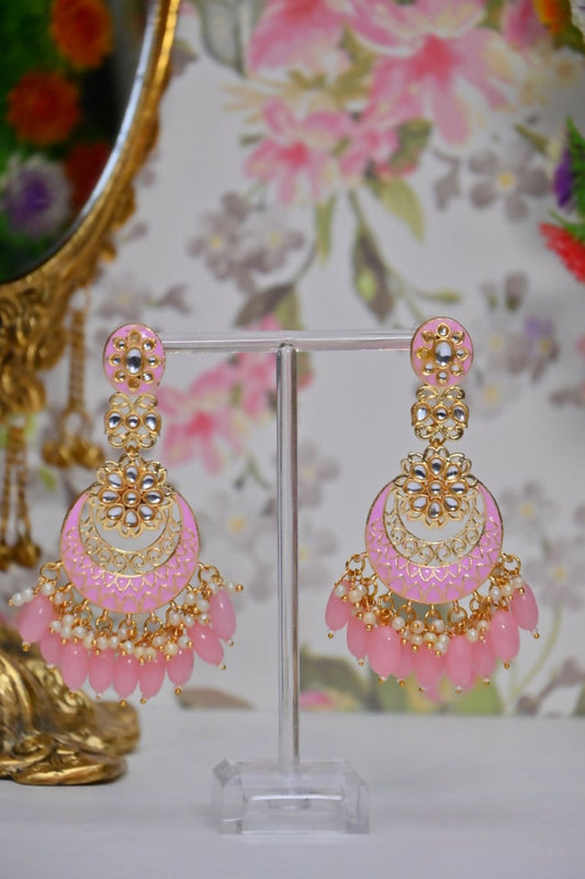 Pink Gold-Polished Beautifully Enamelled Stylish Kundan & Pearl Dangle Women Earrings|Meenakari Chandbali Traditional Ethnic Wear Earrings By House of Ree House of Ree