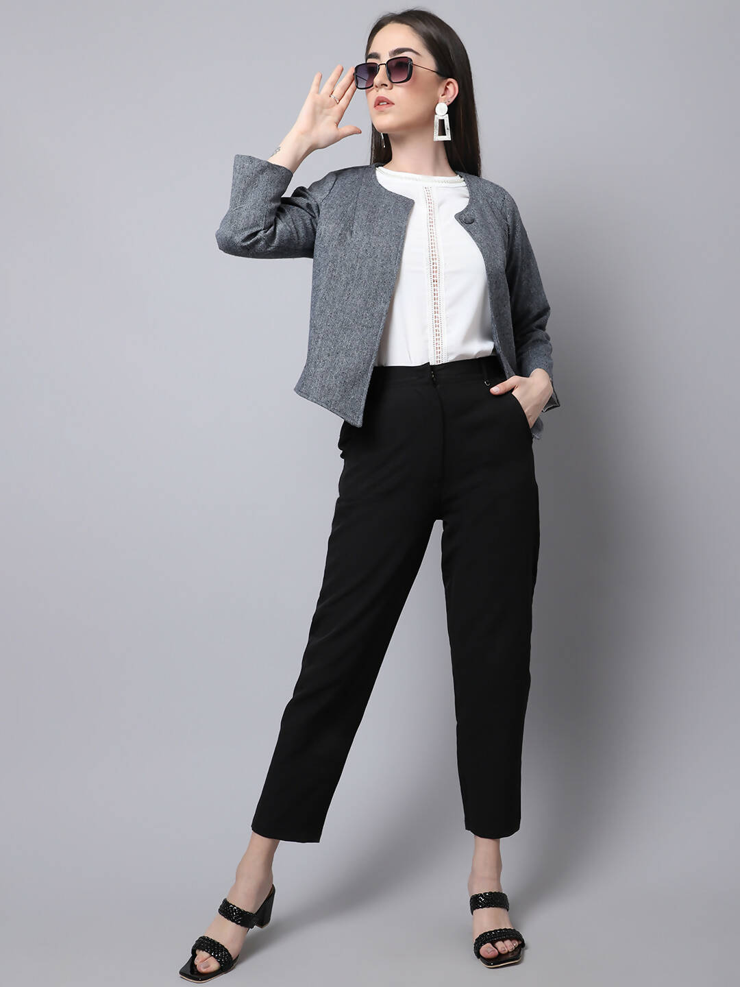Even Apparels Grey Pure Wool Open Front Statement Jacket - Grab2buy