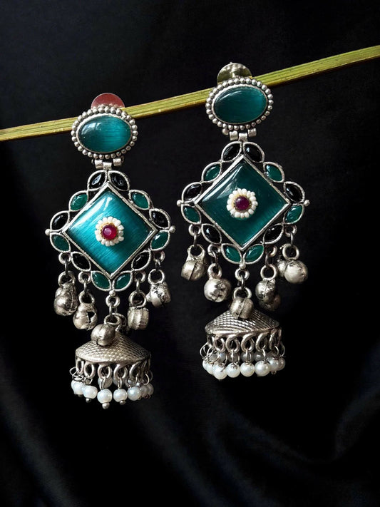 Joban Fashion Women Sky Blue Monalisa Stone Beaded Partywear Silver Replica Earring
