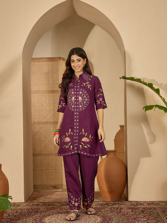 Joban Fashion Women Purple Roman Silk Embroidered Stitched Kurta Set