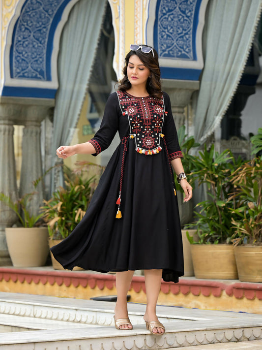 Juniper Women's Black Thread Embroidered Liva Rayon A-Line Dress With Tassel Kaudis & Doris At Waist