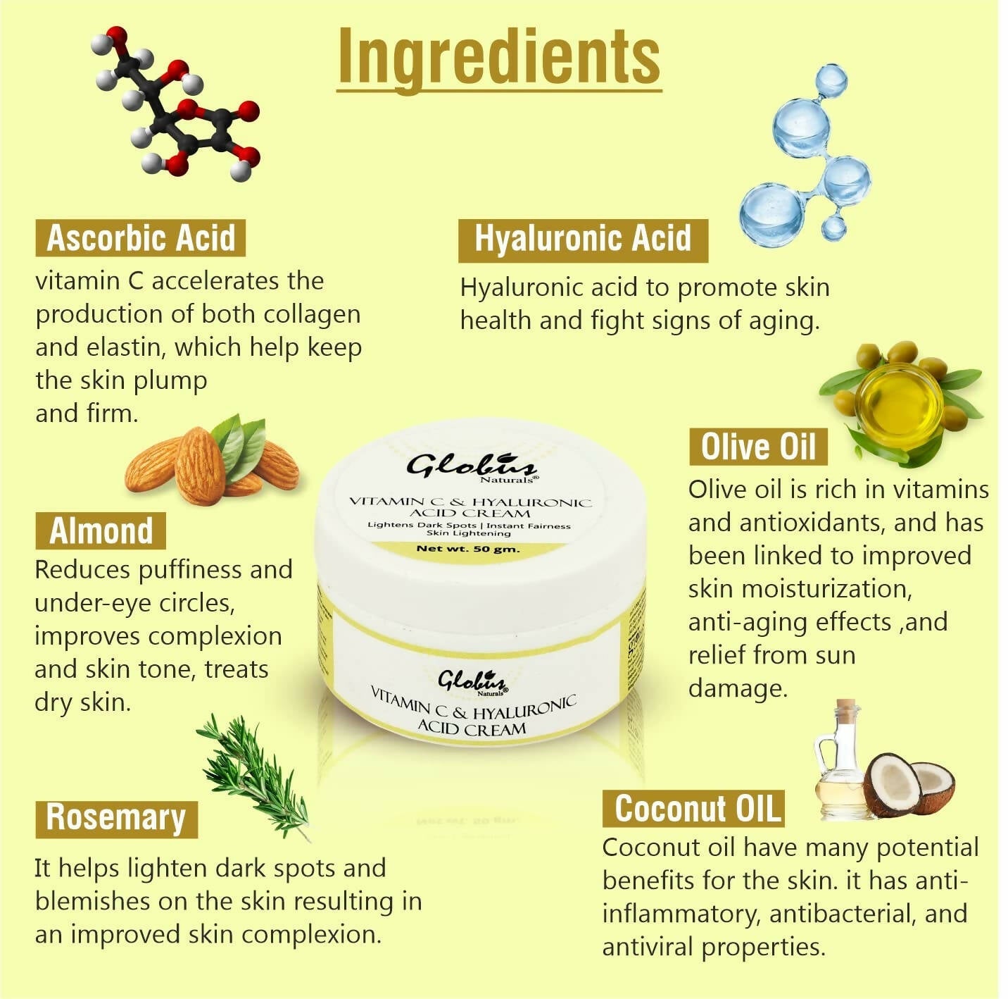 Globus Naturals Hyaluronic Acid and Vitamin C skin Lightening Brightening Cream - Grab2buy