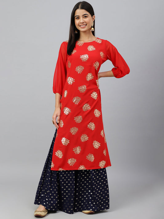 Indian Clothing Janasya Women's Red Crepe Floral Foil Print Casual Straight Kurta