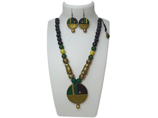 Terracotta Round Pendant Boho Style Medium Necklace Set With Hangings