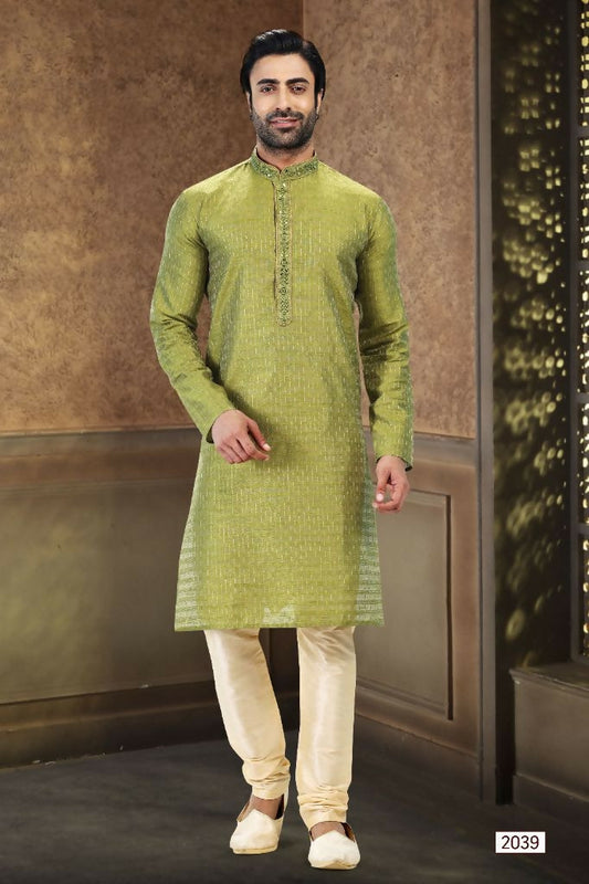 Raivat Ethnic Jacquard Art Silk Mirror and Thread Work Kurta Pajama In Green Colour