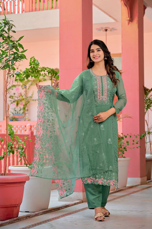 Hand Embroidered & Lace Detailed Kurta With Pant & Dupatta Premium Luxury, Multicolor - Hiral Fashion