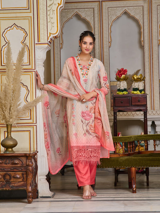 Schiffli Embroidered Kurta With Pant & Printed Dupatta Premium Luxury, Multicolor - Hiral Fashion