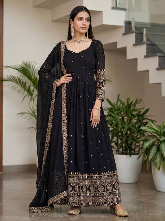Lehenga Mart Designer Vichitra Silk Gown With Dupatta-Black