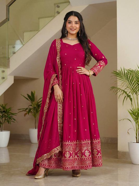 Lehenga Mart Designer Vichitra Silk Gown With Dupatta-Pink